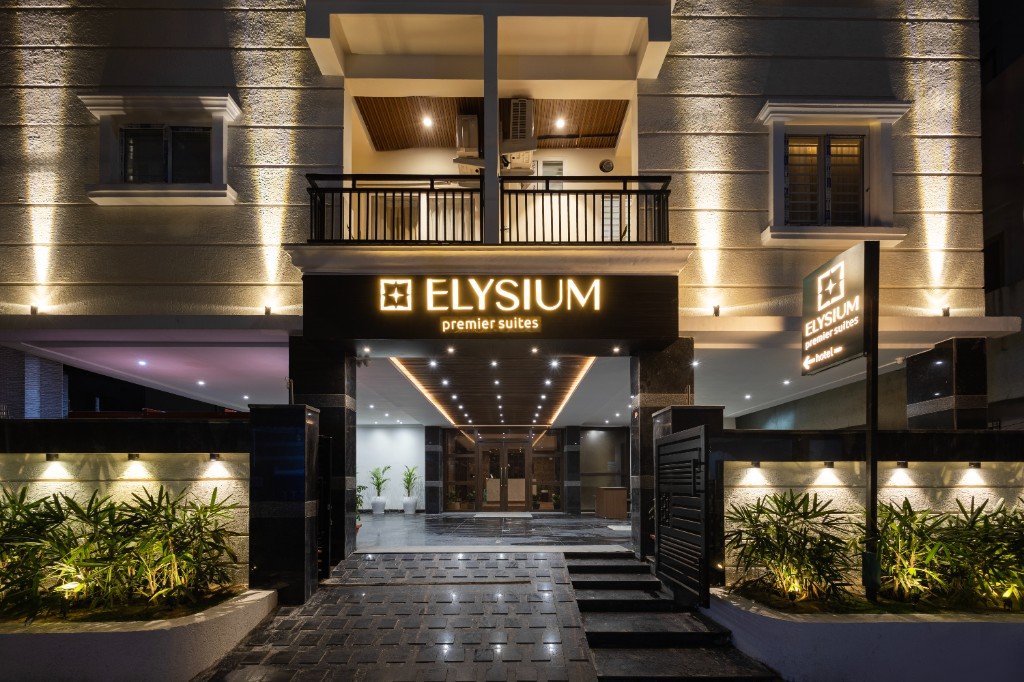 Elysium Premier Suites, Hitec City — Night facade, street view