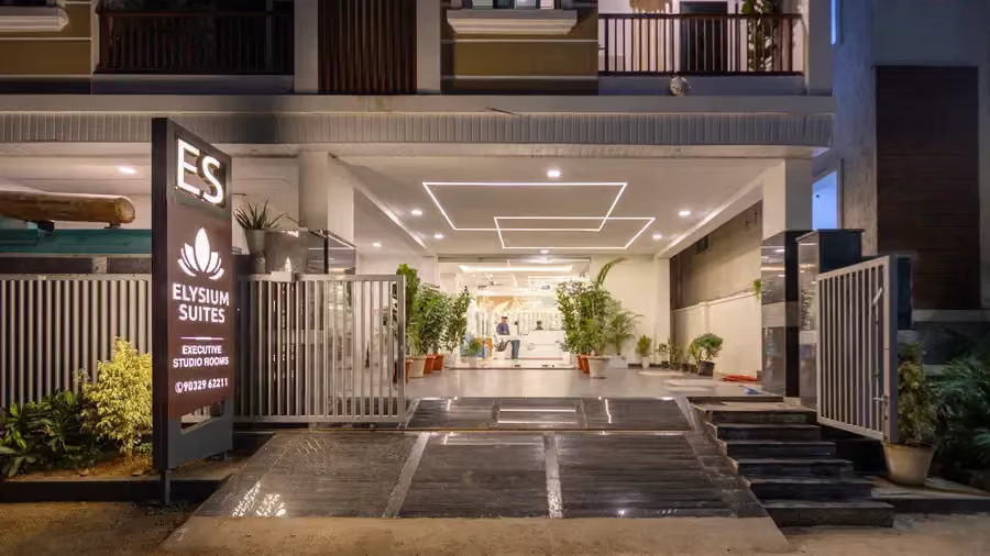 Elysium Studio Suites, Madhapur — Arrival, after dark